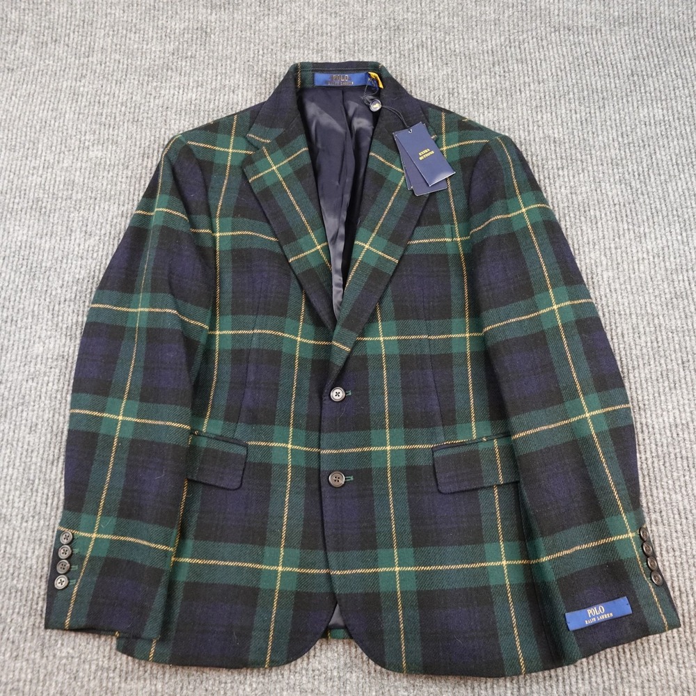 Polo Ralph Lauren Blazer Mens 38 Green Black Watch Tartan Plaid Tweed Sport Coat